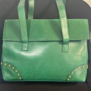 Celine Green Leather Tote/Laptop bag with Gold Stud Accents-Rare/Vintage